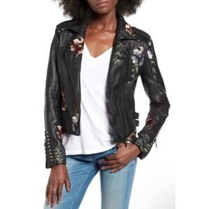BLANKNYC Embroidered Moto Faux Leather Jacket Asymmetrical Zip Size M Studded
